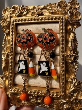 Orange & Black Halloween Pumpkin Ghost Dangle Festive Earrings